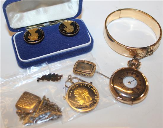 An Edwardian 9ct gold pendant, gold mourning brooch, gold plated half hunter and 5 other items